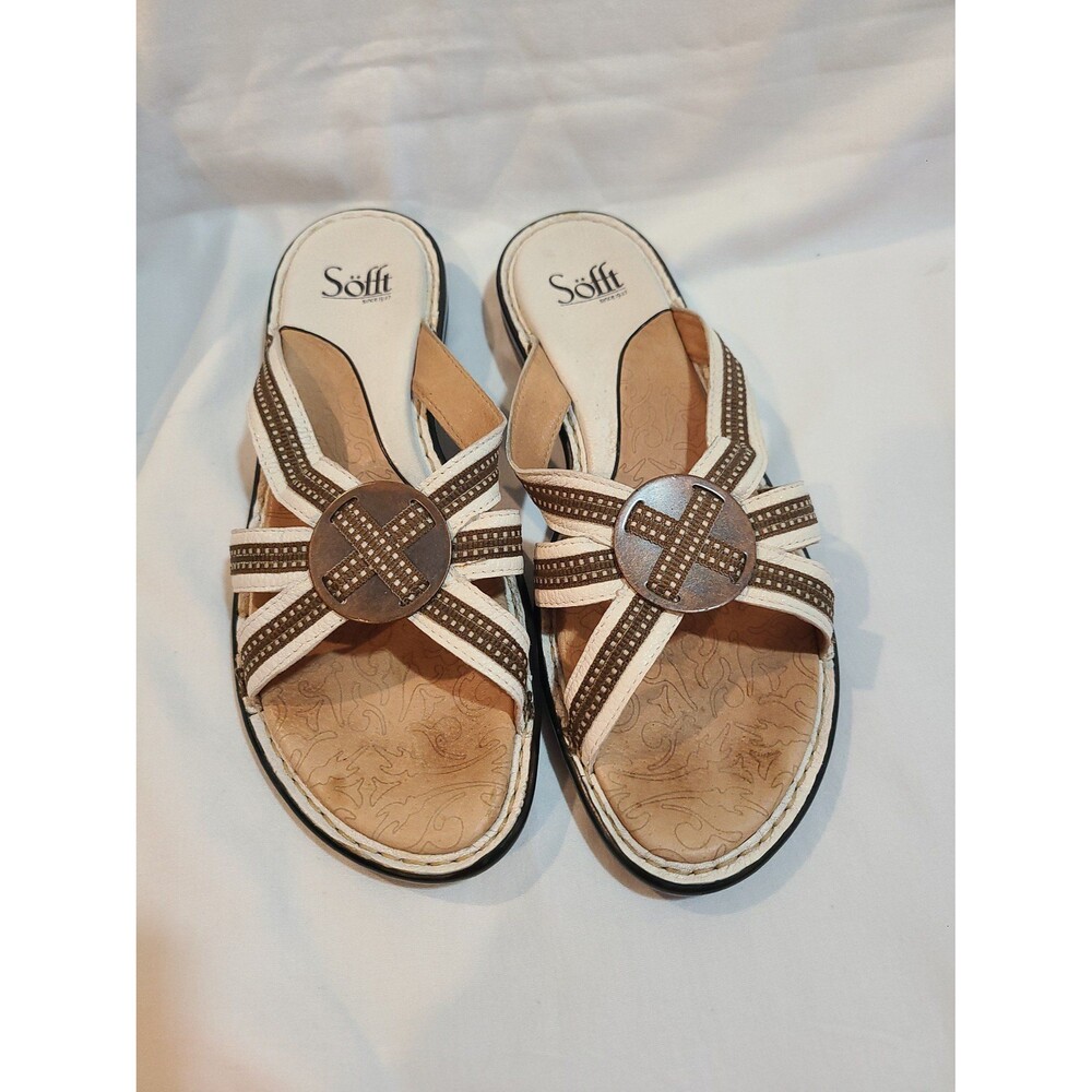 Sofft Sandals Womens 9M White/Brown Leather Heels Slides Slip On Shoes Open Toe